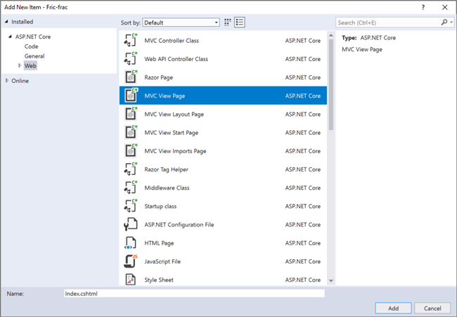 Visual Studio Add MVC View Page Index.cshtml